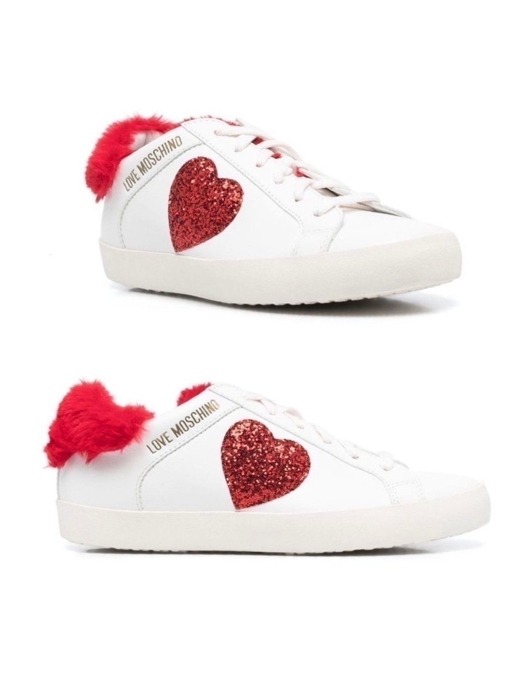 Love Moschino White Sneakers with Red Fur Collar and Glitter Heart